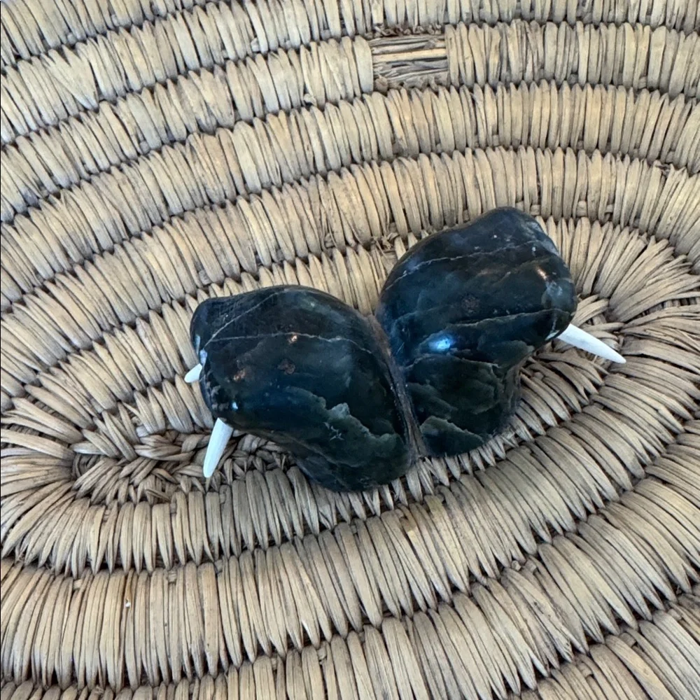 Inuit coil Lyme sea grass woven double soapstone walrus with tusks lid handle